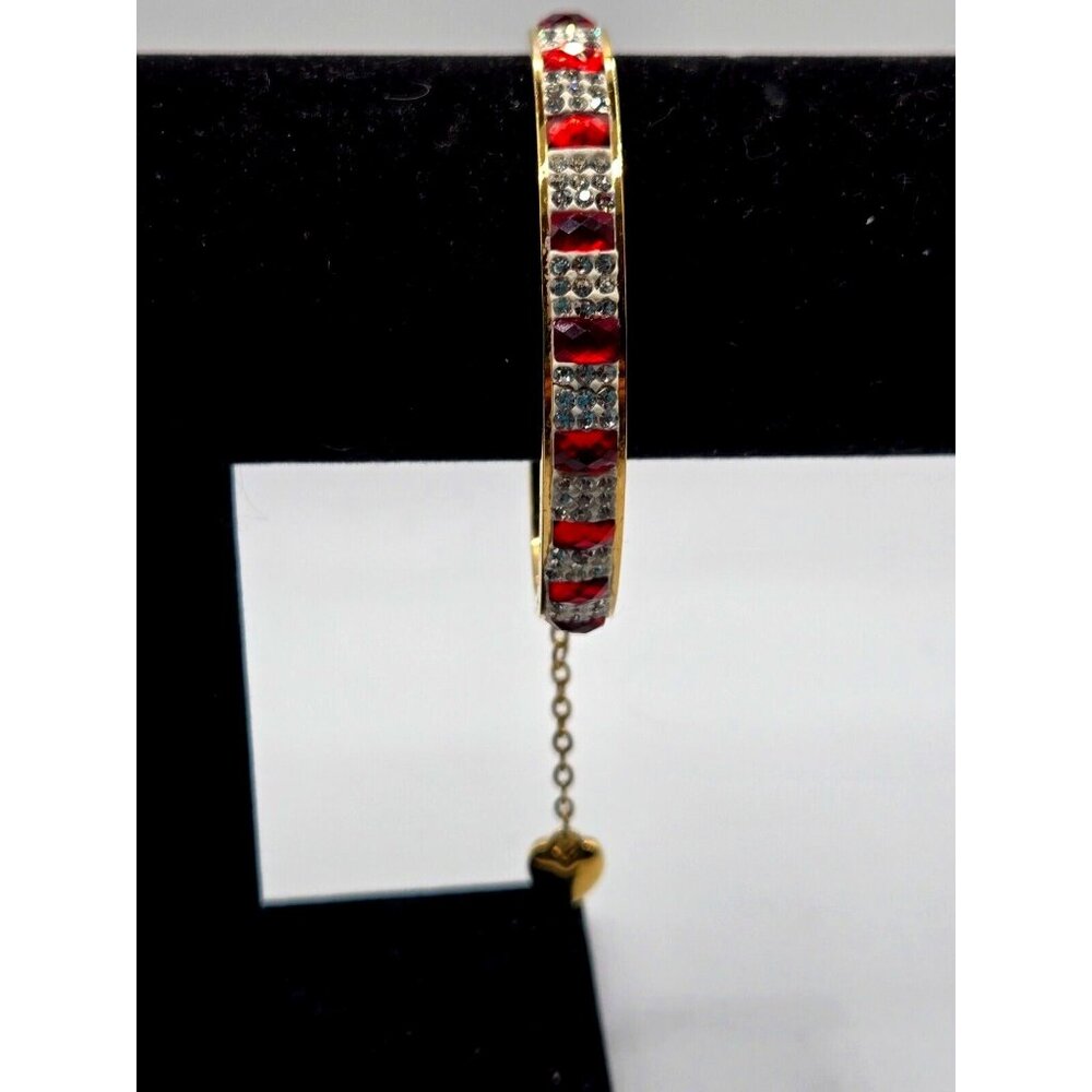 VTG Red and Clear Striped Rhinestone Gold Tone Cuff with Dangling heart